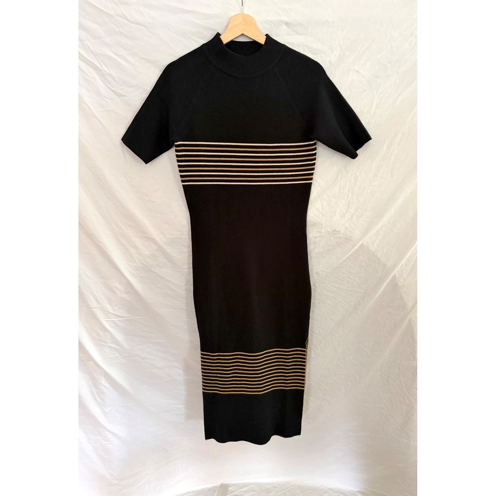 Monrow Knit Midi Dress Womens Black Tan Striped Mock Neck Short Sleeve Small - Picture 2 of 9